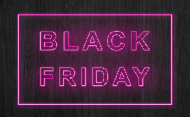 Black Friday Neon sign on wooden background Bright advertising at night