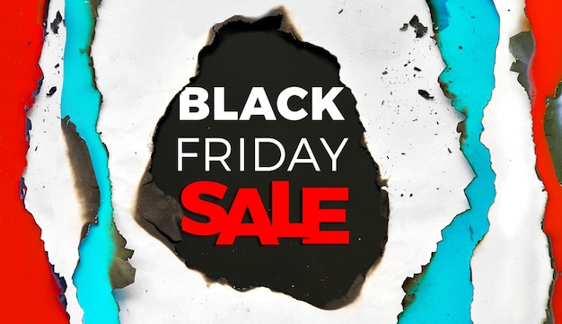 Photo black friday sale background. panoramic burnt paper frame with burned edges.