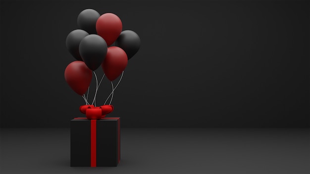 Black Friday Sale background with gift box and balloons.