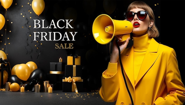 Фото Черная пятница распродажа фон женщина призывает к последней акции продажи черно-желтый шаблон украшения