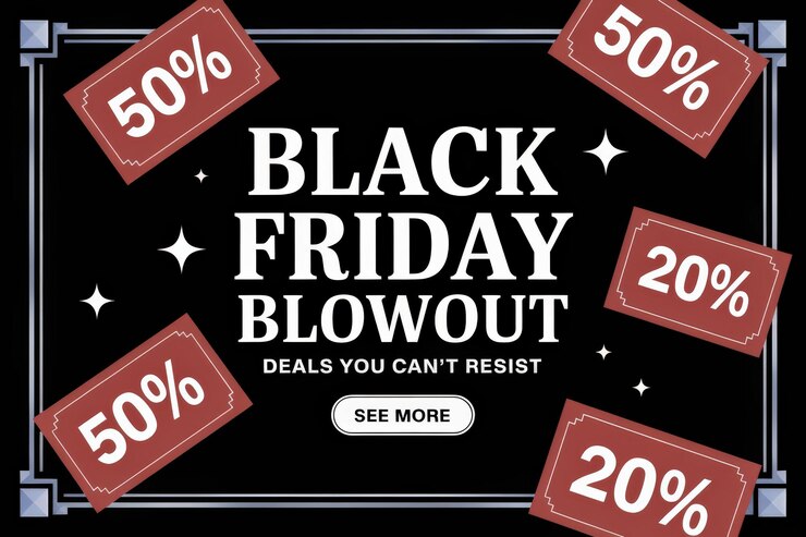 Photo black friday sale banner discount tags bold black background eyecatching promotional graphics