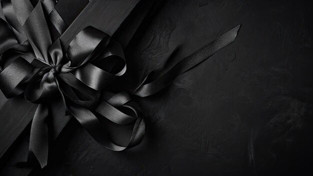 Баннер распродажи Черной пятницы Верхний вид с черной подарочной коробкой и черной лентой на черном фоне