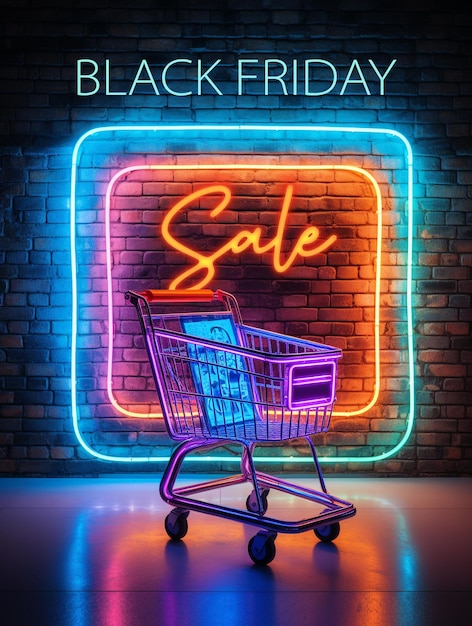 Foto banner di vendita del venerdì nero con figura a neon colorata e carrello della spesa