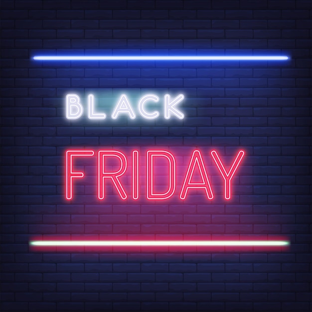 Vendita del black friday insegna al neon del black friday su sfondo di muro di mattoni testo luminoso al neon rosso e bianco