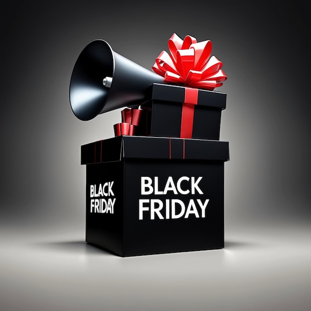Photo black friday sale black gift box with 3d megaphone