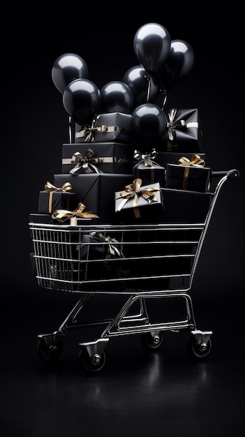 Black friday sale concept Black trolley and black gifts on black background