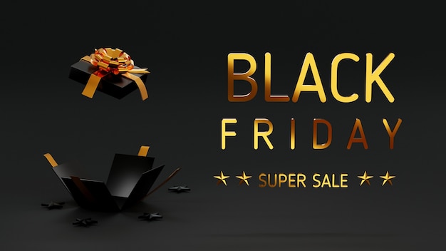 Foto concetto di vendita del black friday coperchio aperto della confezione regalo con illustrazione di rendering 3d di fiocco di nastro dorato