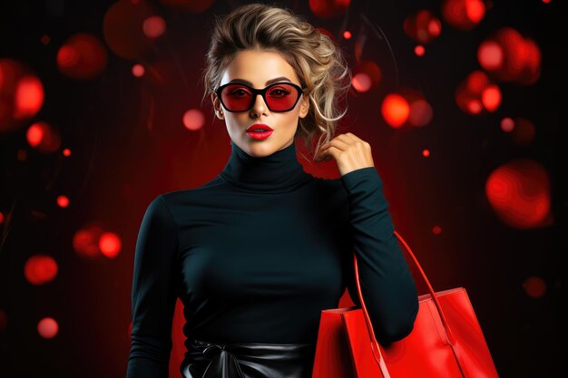 Black Friday Sale Concept for a store Woman shopping with sunglasses holding a red bag isolated on a dark background