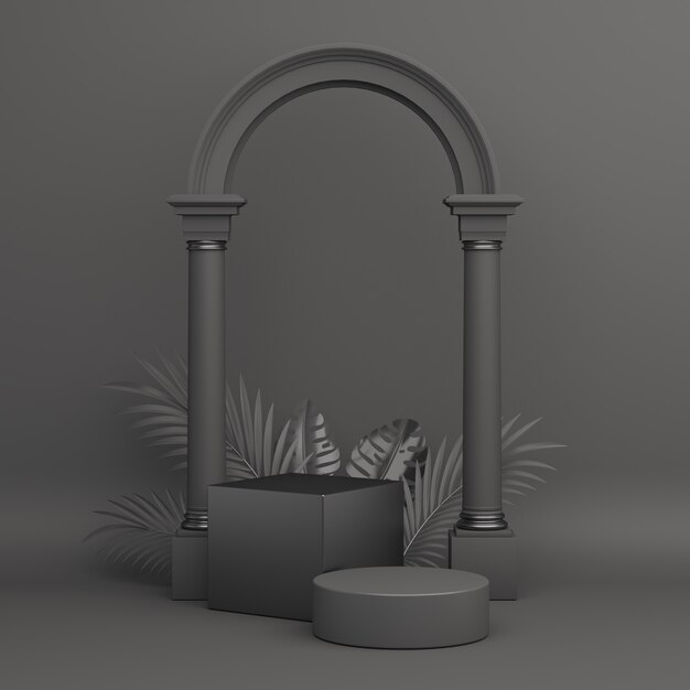 Black friday sale podium display mockup with box cylinder column palm leaves, 3D rendering