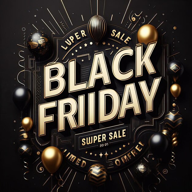 Photo black friday sale poster with golden glossy balloons on dark background vector illustration