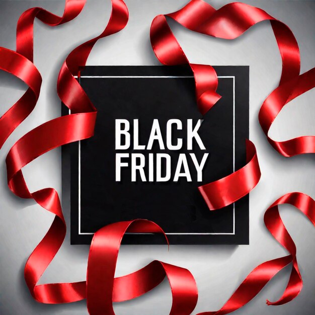 Black Friday sale poster with red ribbons on gray background top view