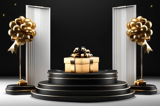 Black Friday Sale Realistic 3D design stage podium round studio gold neon lights gift box