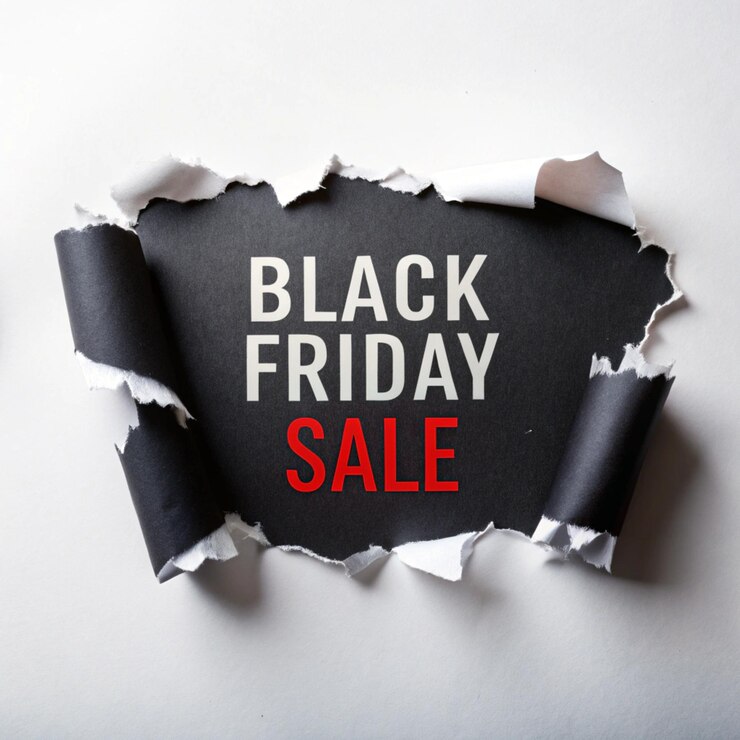 Photo black friday sale text at ripped paper white background black friday sale discount