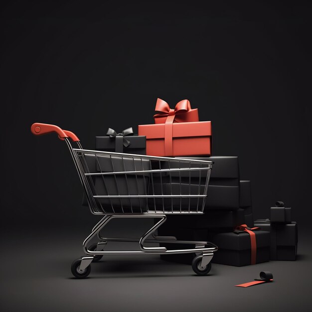 Photo black friday sale with copy space for text black trolley and black gifts on dark background