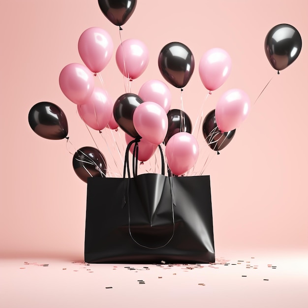 Black friday sales shopping bag and ballons on pink