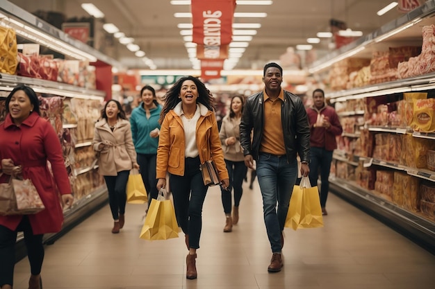 Black Friday Shoppers Through Aisles Bag in Hand Grasping for Bargains in Frenetic Retail Ballet