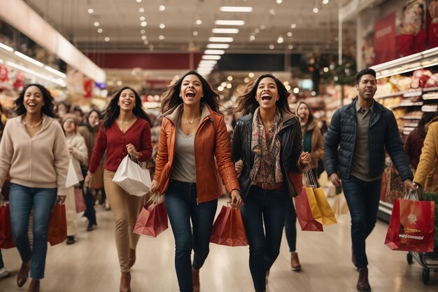 Black Friday Shoppers Through Aisles Bag in Hand Grasping for Bargains in Frenetic Retail Ballet