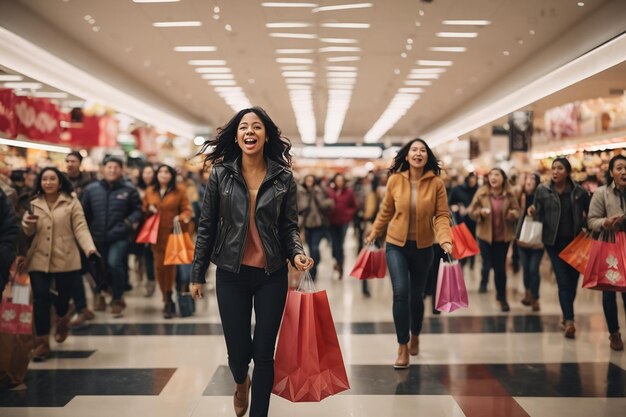 Black Friday Shoppers Through Aisles Bag in Hand Grasping for Bargains in Frenetic Retail Ballet