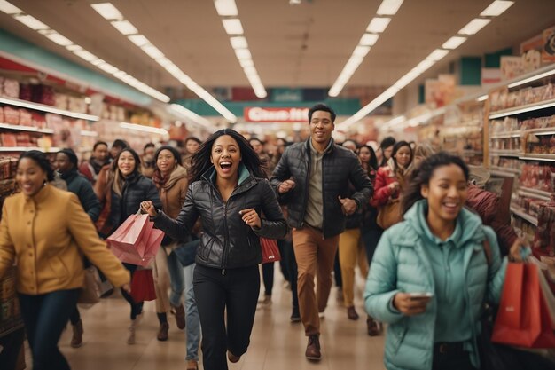 Black friday shoppers through aisles bag in hand grasping for bargains in frenetic retail ballet