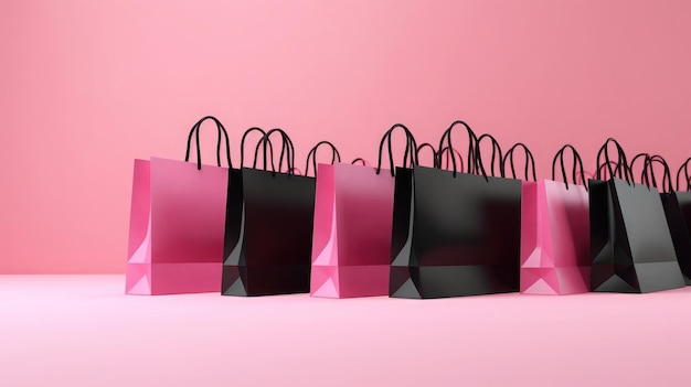 블랙 프라이데이 쇼핑 가방은 핑크색 바탕에 사진 현실주의적인 과장된 검은색 스타일로