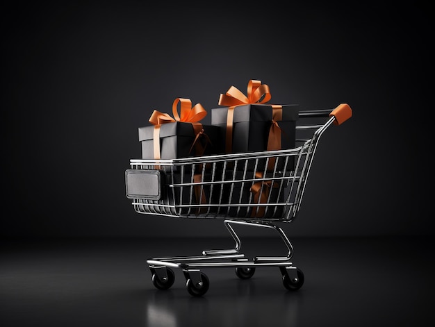 Black friday shopping concept Black shopping papper bags in a black trolley on black backgr