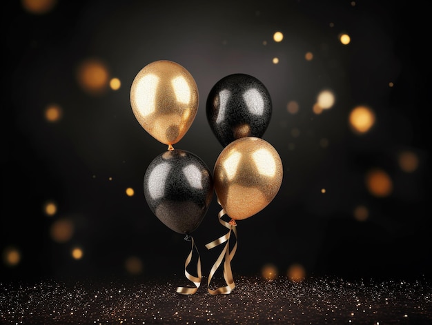 Black friday shopping concept Gold and black balloon float in air on black background with glitter