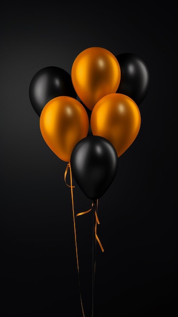 Black friday shopping concept Orange and black balloons floating in air on dark background