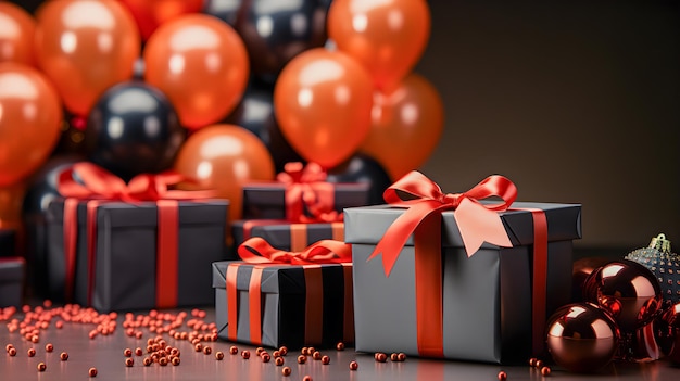 블랙 프라이데이 쇼핑 선물은 은 리본 크리스마스 쇼핑과 배경에 풍선이 있는 검은 선물 상자입니다.