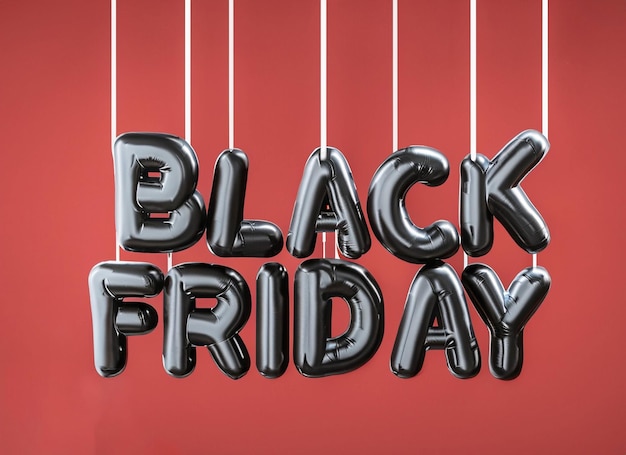 black Friday sign with red background hanging with black balloons