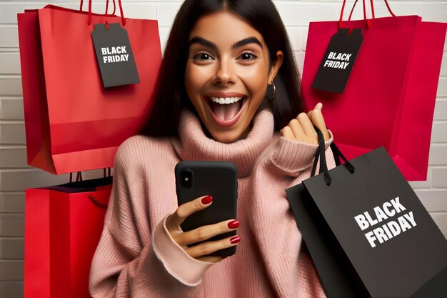 写真 ブラックフライデー 携帯電話とショッピングバッグを持った笑顔の女性