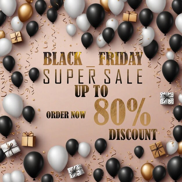 Photo black friday social media banner design template with realistic balloon and gift box