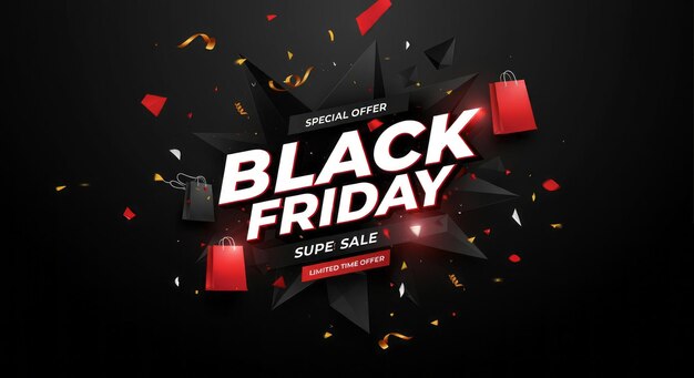 Photo black friday super sale banner with text bags background