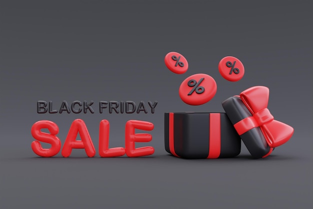 Black Friday Super Sale met geopende geschenkdozen Kerstmis en gelukkig Nieuwjaar promotie 3D-rendering