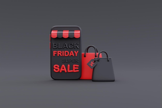 Black Friday Super Sale met smartphone en boodschappentassen Kerstmis en gelukkig Nieuwjaar promotie 3D-rendering