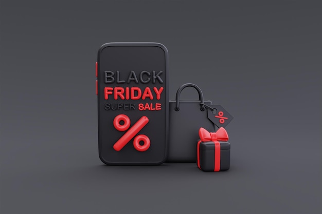 Black friday super sale met smartphone en geschenkdozen kerstmis en gelukkig nieuwjaar promotie 3d-rendering