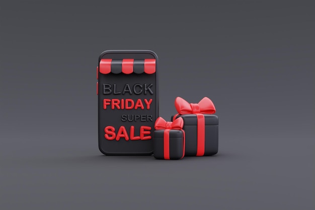 Black Friday Super Sale met smartphone en geschenkdozen Kerstmis en gelukkig Nieuwjaar promotie 3D-rendering