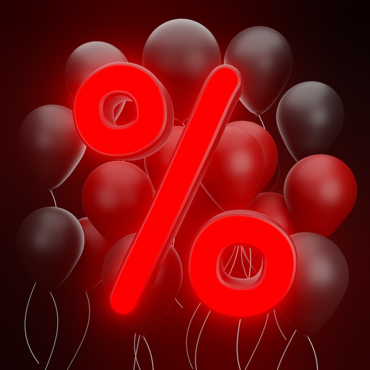 Black Friday super sale nieuwjaarskortingen van percentageteken en ballonnen op zwarte achtergrond