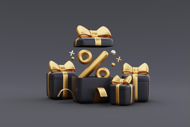 Black Friday Super Sale with gift boxes Christmas and Happy New Year promotion 3d rendering