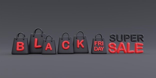Черная пятница Супер распродажа с сумками для покупок, продвижение Рождества и Нового года 3d рендеринг