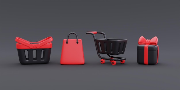 Black Friday Super Sale with shopping cart bag basket and gift boxes Christmas and Happy New Year promotion 3d rendering