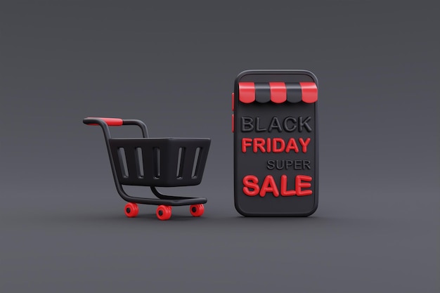 Foto black friday super sale con smartphone e carrello promozione natale e felice anno nuovo rendering 3d