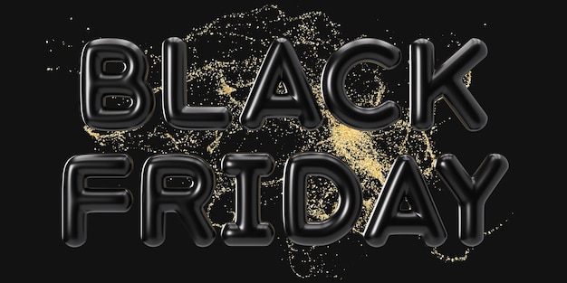 BLACK FRIDAY text and golden glitter particles isolated on black background Foil balloons letters confetti cut out Special offer good price deal shopping time Black friday sale 3d rendering