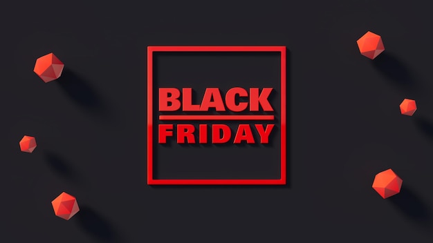 Black friday text red color accompanied by decorations around on black table 3d rendering