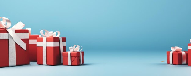 ブラックフライデートップビュークリスマスボックスとコピースペースのある青の背景にリボン付き生成ai