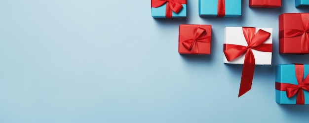 Foto black friday top view kerstdozen met lint op blauwe achtergrond met kopieerruimte generative ai