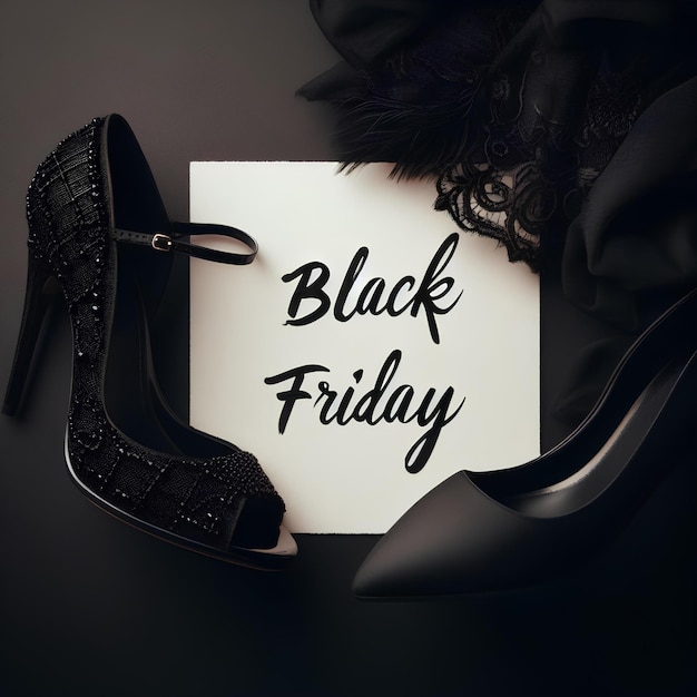 Black Friday verkoop Zwarte hoge hakken schoenen en stof op zwarte achtergrond Illustratie mockup