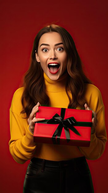 Black friday woman holding gift box happily surprised