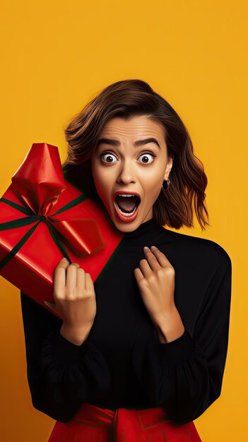 Black friday woman holding gift box happily surprised