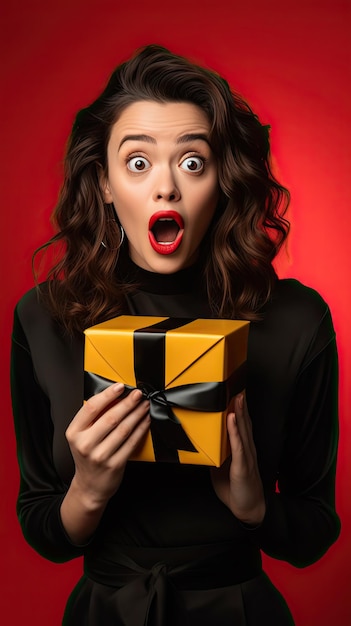 Black Friday woman holding gift box happily surprised