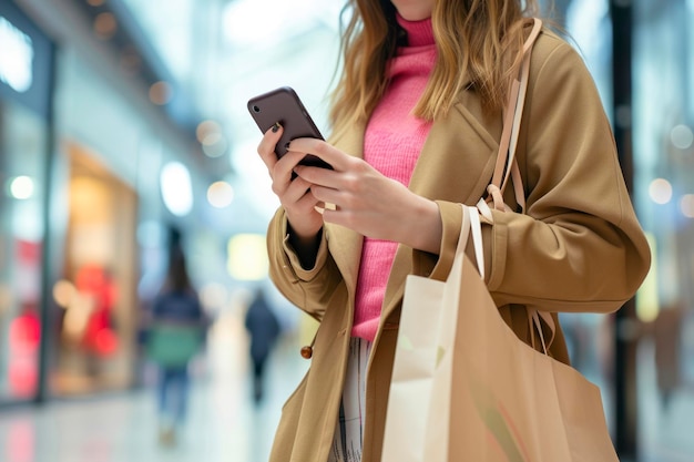 Black Friday Woman using smartphone and holding shopping bag while standing on the mall background